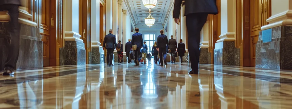 a busy courthouse hallway filled with lawyers and clients, showcasing the legal process of an auto accident lawsuit timeline.