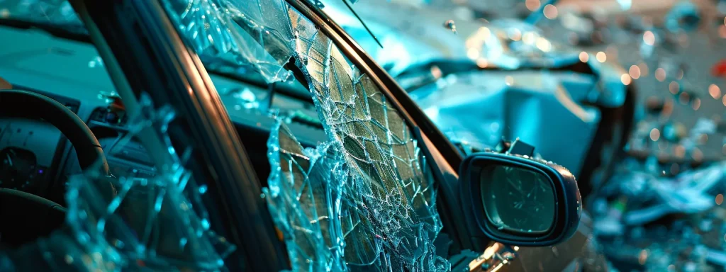 a car accident scene with a shattered windshield and a dented hood, showcasing the aftermath of driving negligence.