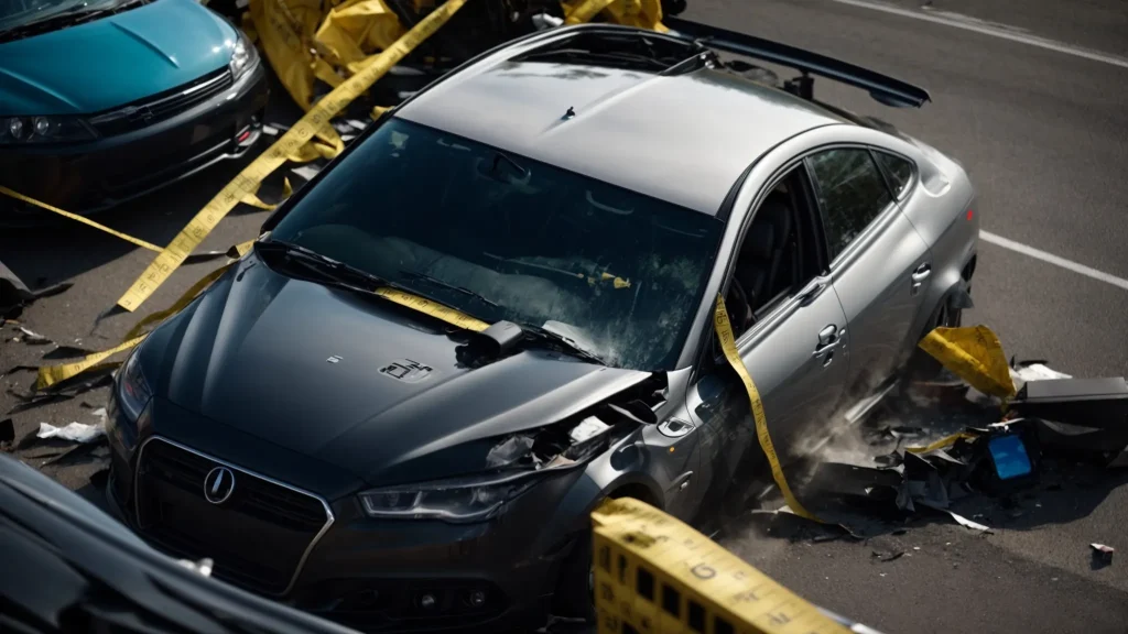 a car crash scene with a measuring tape and calculator on the hood, calculating compensation accurately.