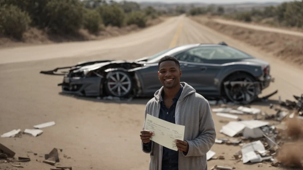 a car crash victim holding a large settlement check with a satisfied smile.
