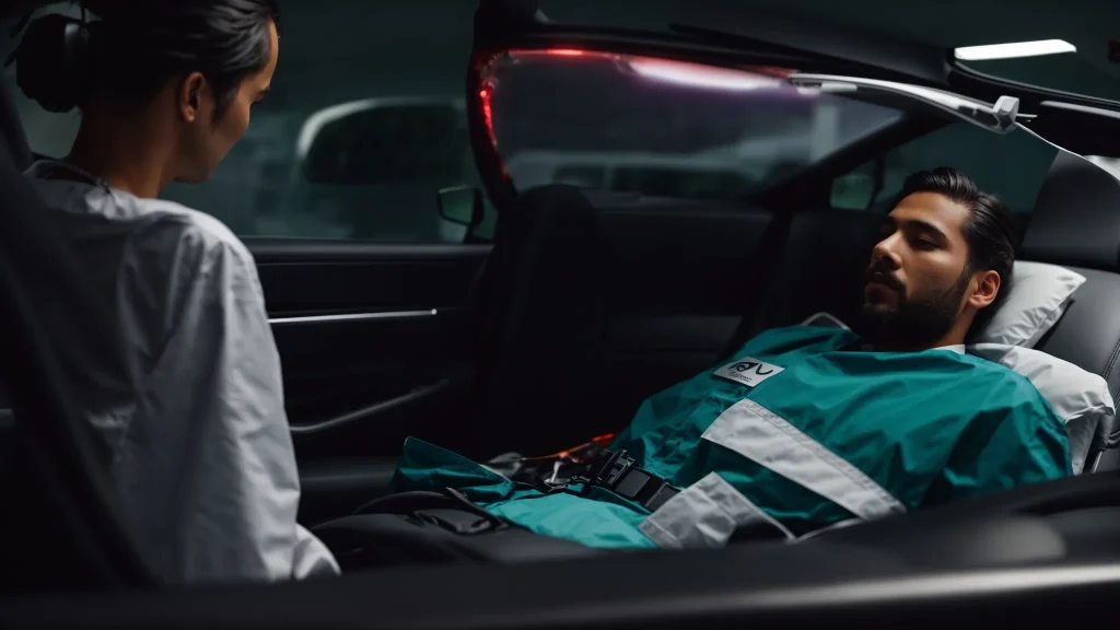 a car crash victim sitting with a doctor, undergoing a thorough assessment and evaluation of their injuries.