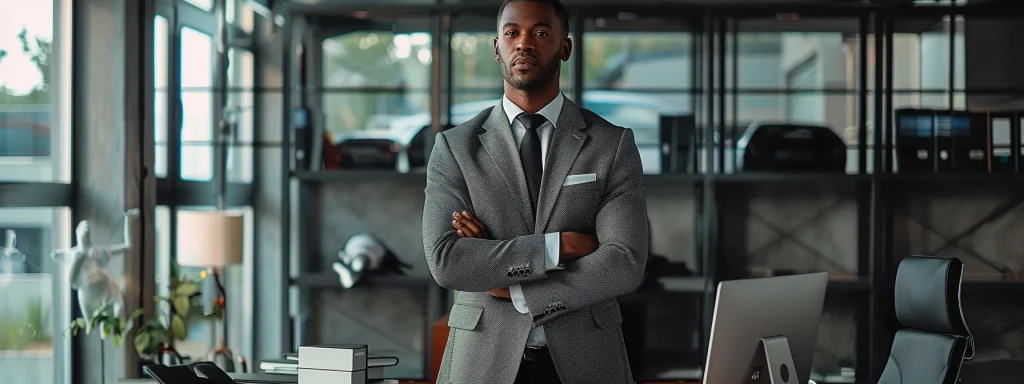 a confident individual standing tall and assertive in front of an insurance adjuster's desk, exuding control and expertise in handling car accident claims.