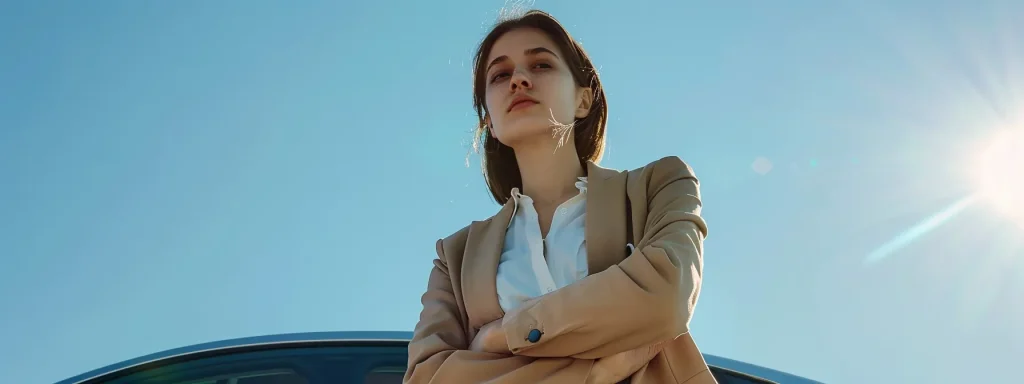 a confident woman standing in front of a sleek car, negotiating with an insurance adjuster under a clear blue sky.