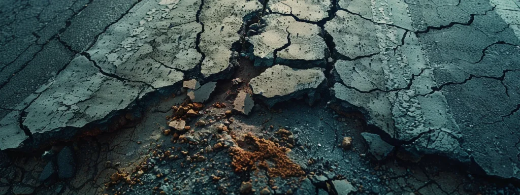 a cracked and pothole-ridden road leading to a collision between two cars.