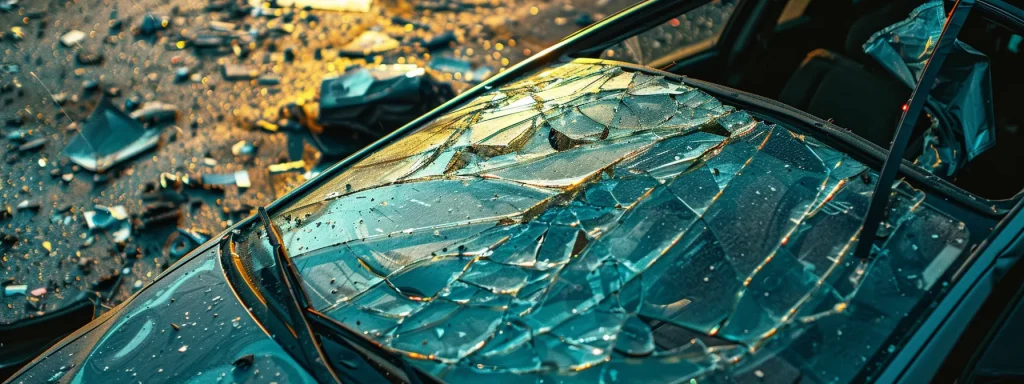 a cracked windshield and dented bumper on a car parked on the side of the road, surrounded by debris and skid marks, showcasing evidence of a recent accident.