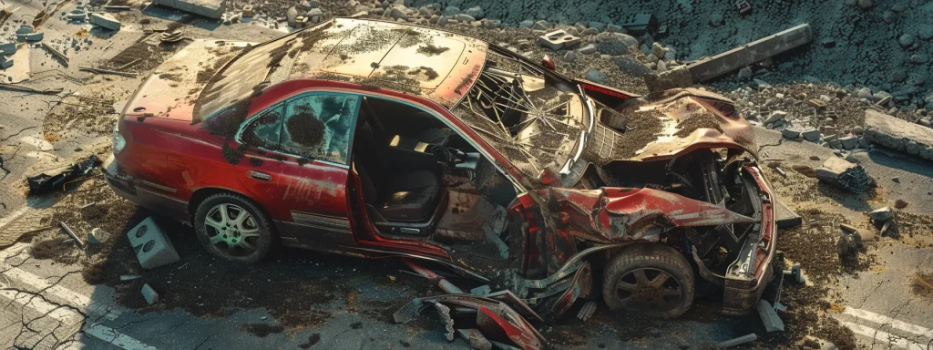 a crushed car lying in a wrecked heap on the side of the road after a collision.