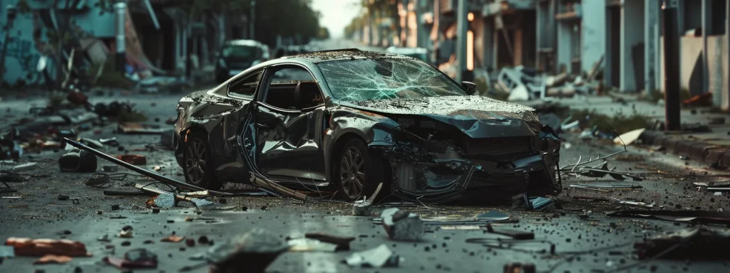 a damaged car with a broken windshield and crumpled hood, surrounded by debris on the side of the road.