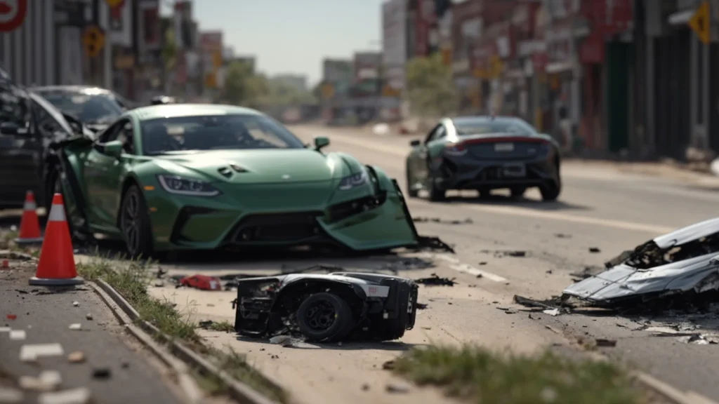 a detailed model car crash scene with skid marks and debris meticulously reconstructed by experts for legal analysis.