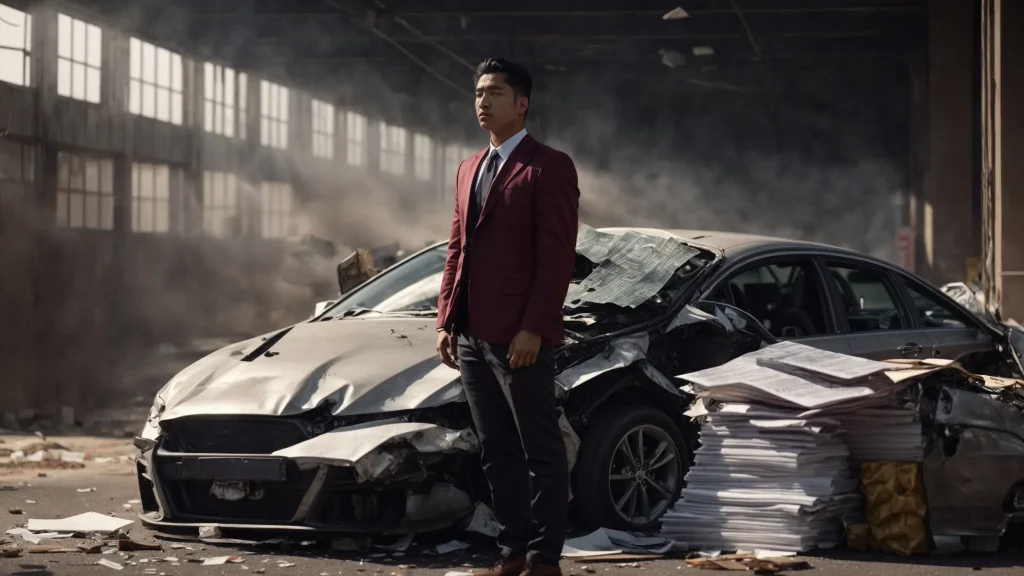 a determined auto accident victim standing confidently beside a damaged car, surrounded by legal documents and a stack of cash, symbolizing success in maximizing car crash compensation.