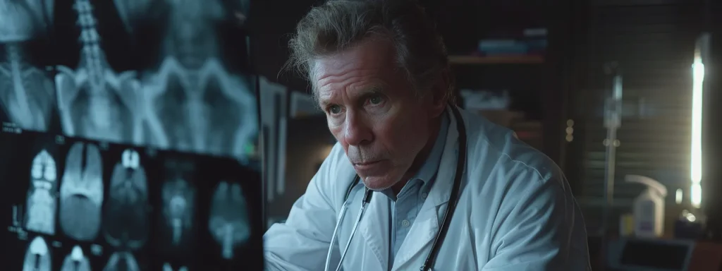 a doctor carefully examining x-rays of a broken bone with a serious expression.