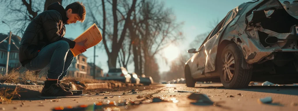 a driver filling out insurance paperwork next to a damaged car on the side of the road.