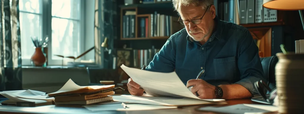 a focused, determined individual reviewing documents and negotiating with insurance adjusters at a cluttered desk.