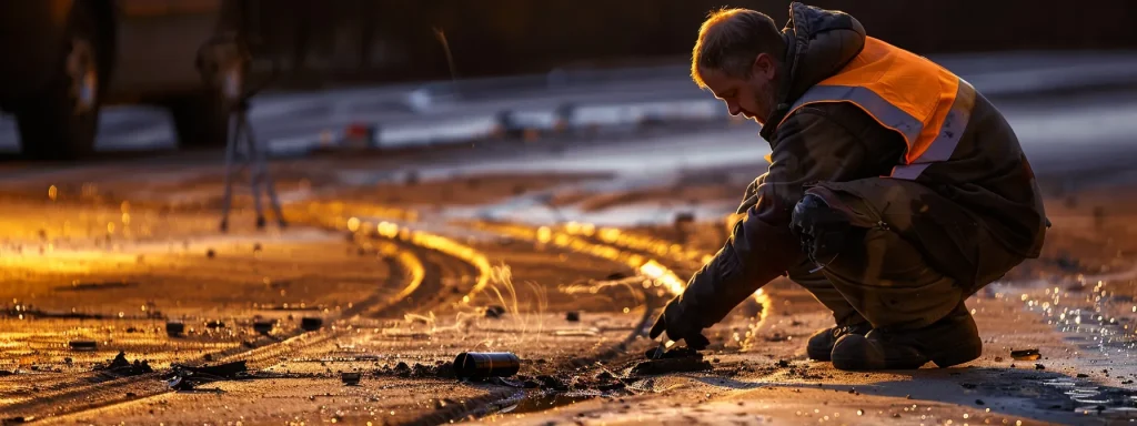 a forensic investigator carefully documenting skid marks and debris at a crash site.