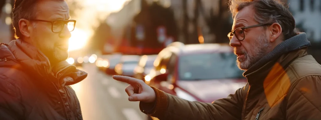 a frustrated driver pointing at a damaged car bumper during a heated discussion with an insurance agent.