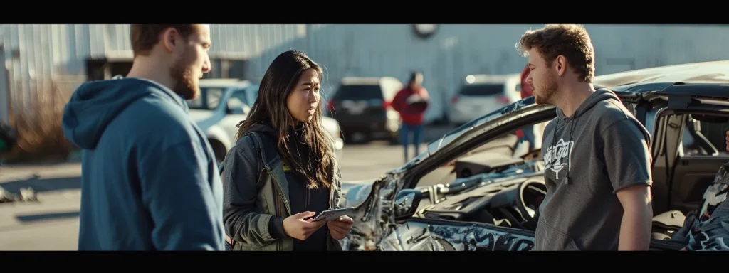 a group of people standing around a damaged car in a parking lot, speaking with concerned expressions and taking notes.
