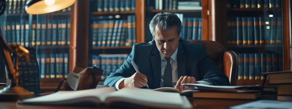 a lawyer carefully analyzing a detailed police report with a focused expression.