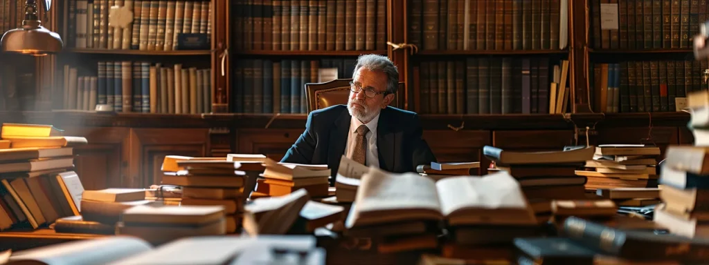 a lawyer surrounded by piles of legal documents and case files, preparing for an auto accident trial.