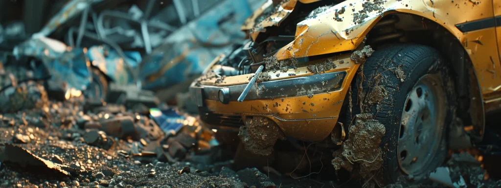 a mangled car bumper dangled precariously, twisted and broken, after a serious crash.