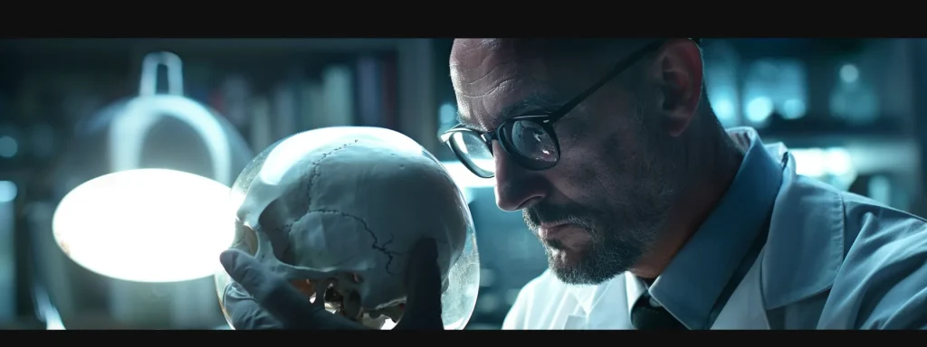 a medical professional examining detailed x-rays of a damaged skull for evidence in a legal case involving a car collision.