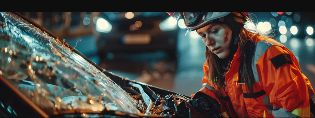 a paramedic carefully examining a dazed driver in a badly damaged car after a serious auto accident.