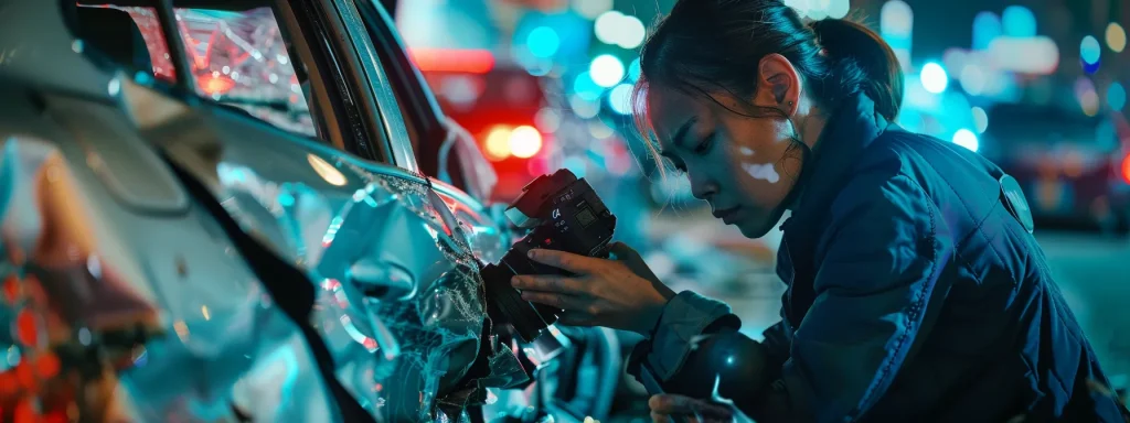 a person filling out paperwork at a messy desk cluttered with insurance forms and accident photos.