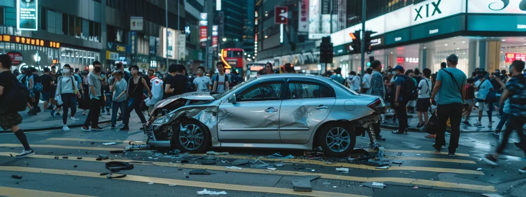 a shiny silver car smashed in the middle of a busy intersection, surrounded by a crowd of concerned onlookers.