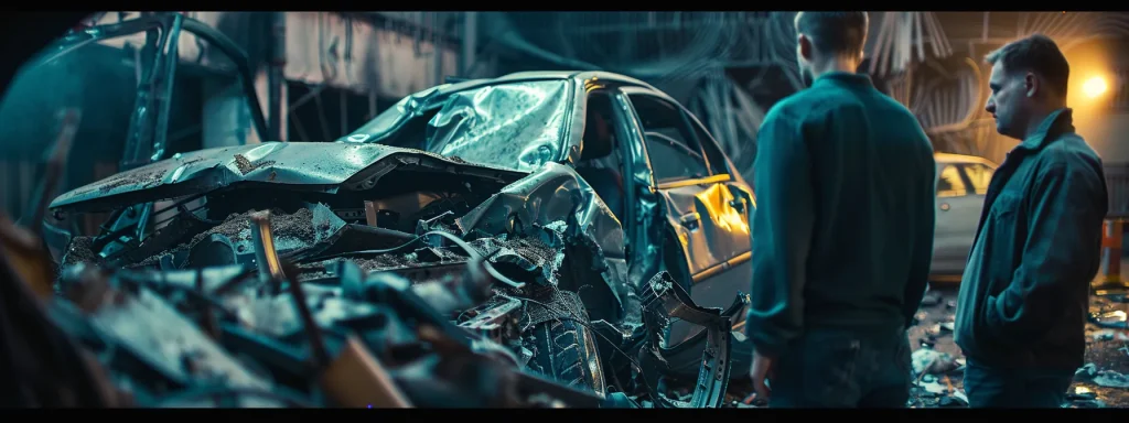 a team of insurance adjusters inspecting a mangled car wreck for evidence of the crash.