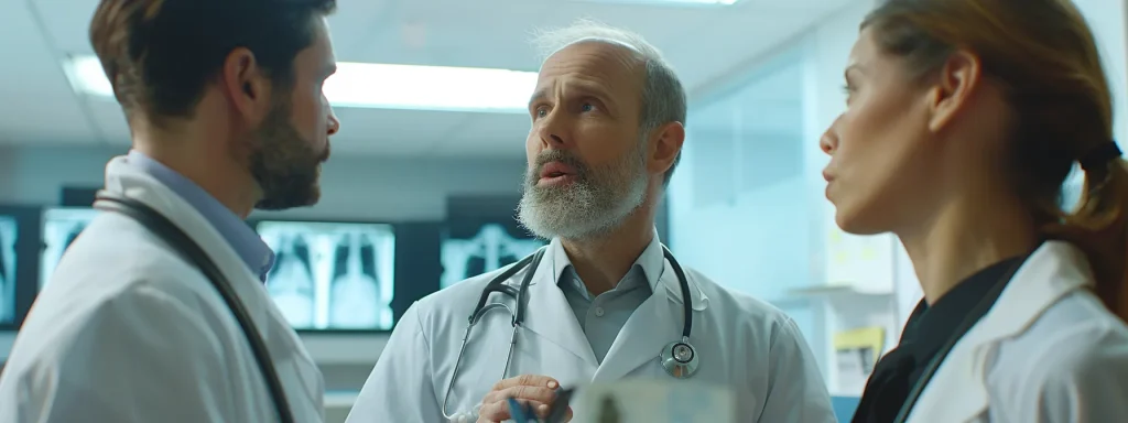 a team of medical professionals examining x-rays and discussing auto injury claims in a bright, modern clinic setting.