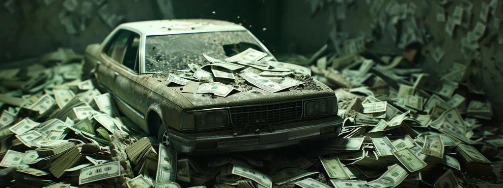 a totaled car surrounded by a pile of money, highlighting the potential compensation available without a lawyer.
