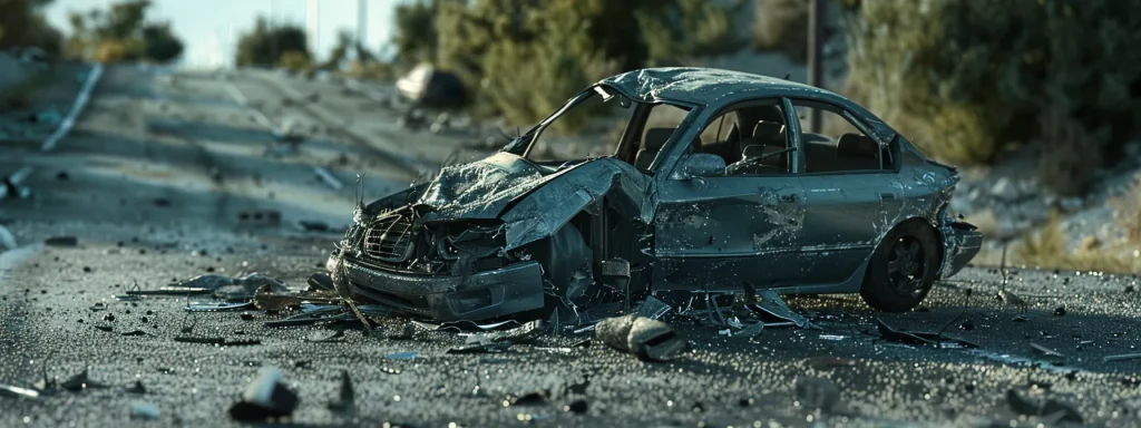 a totaled car with crumpled metal and shattered glass strewn across the road after a severe auto accident.