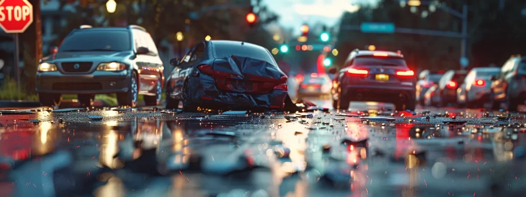 a vehicle collision on a busy intersection, with one car rear-ended and the other with a red stop sign clearly visible in the background.