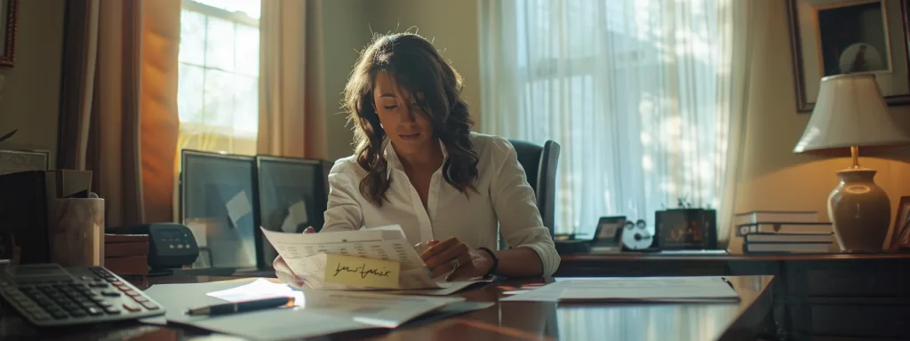 a woman confidently negotiating with insurance adjusters over a table filled with paperwork and a calculator.