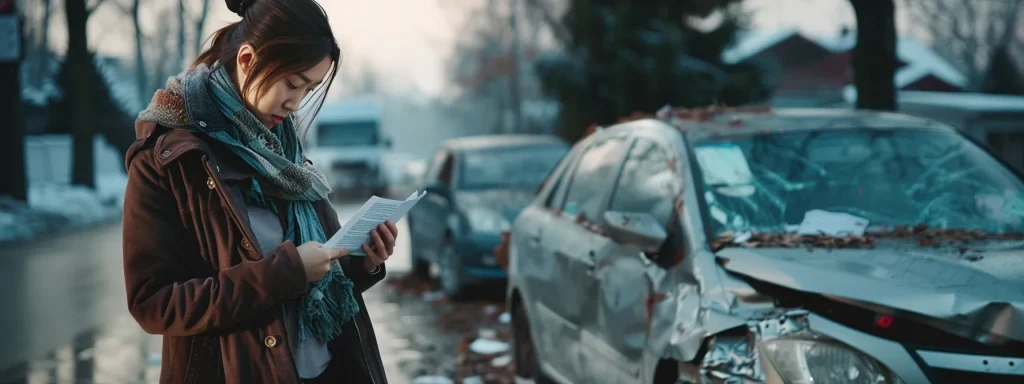 a woman reviewing her insurance policy and contacting her insurance agent while standing beside a damaged car on the side of the road.