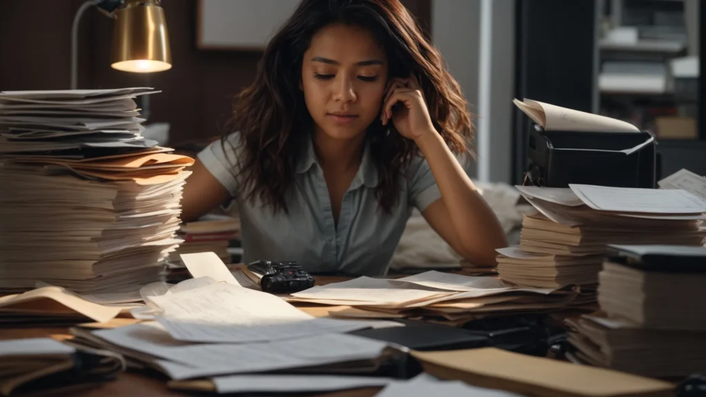 a woman sits at a cluttered desk, surrounded by paperwork and a phone, looking frustrated while trying to navigate the car crash compensation claims process.