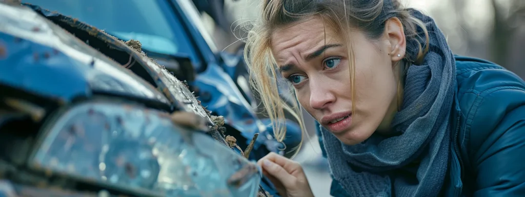 a woman with a concerned expression examining her damaged car after a car accident.