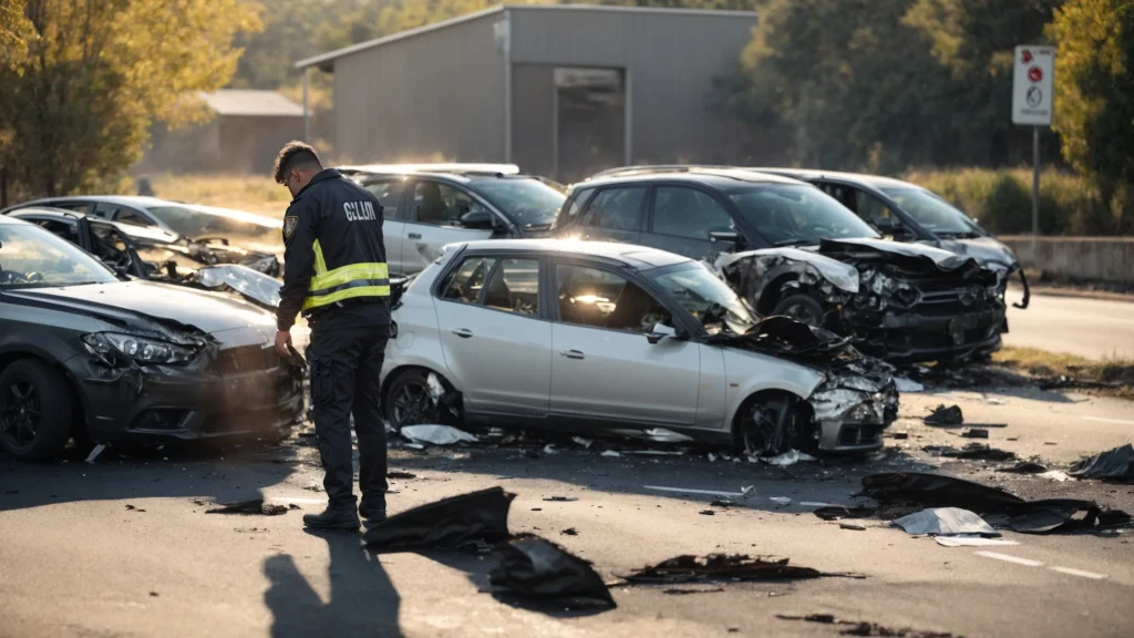 an accident scene investigator examining skid marks and debris at a car crash site under the bright sun.