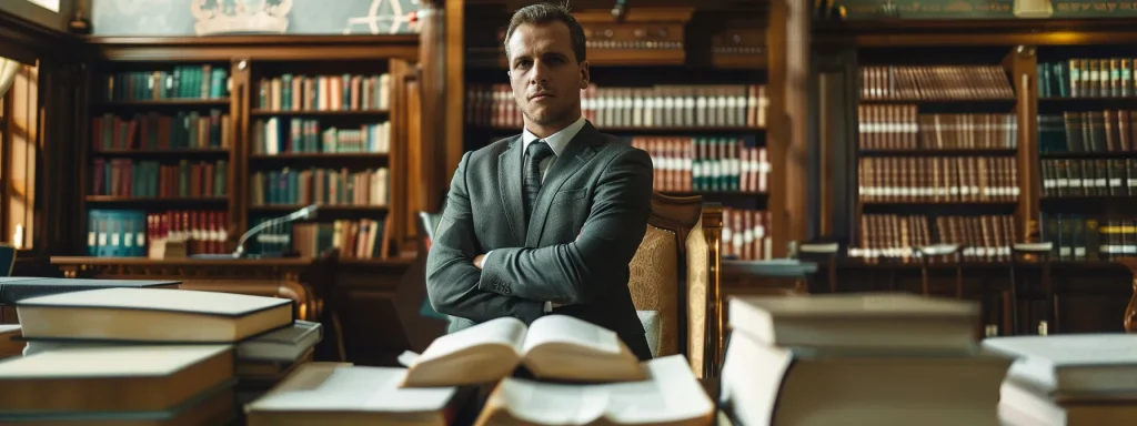 an authoritative and confident auto accident lawyer standing in a courtroom, surrounded by legal books and documents.