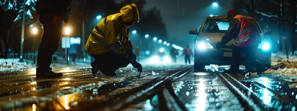 an auto accident lawyer examining skid marks on a rain-soaked road with a forensic team under bright floodlights.