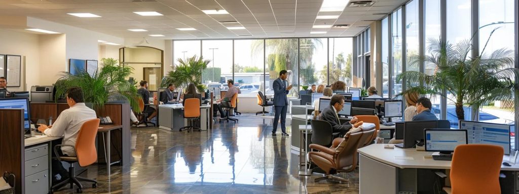 a bustling long beach office environment showcases a team of attentive workers' compensation attorneys engaging in compassionate client consultations, emphasizing the importance of effective customer service amidst various workplace injury cases.