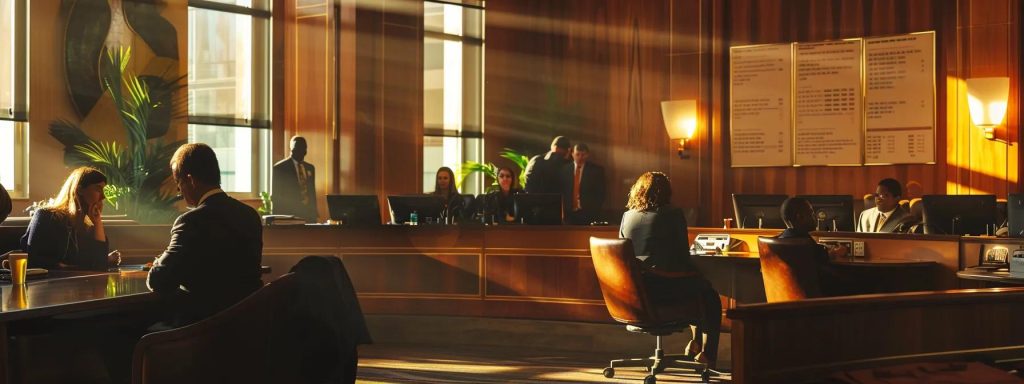 a bustling long beach scene showcases a law office with attorneys engaged in intense discussions while charts illustrating economic shifts and competition line the walls, highlighting how market conditions shape their performance in workers' compensation cases.