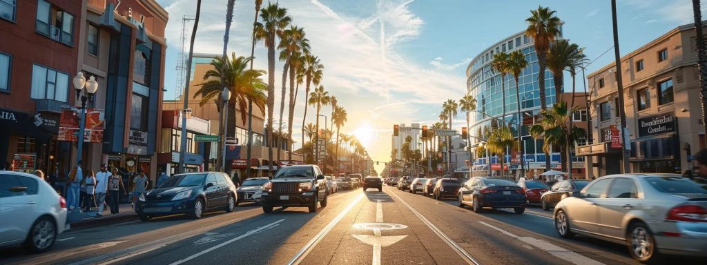 a bustling long beach street scene captures an attorney's office, highlighting diverse clients engaging in discussions about workers' compensation claims amidst vibrant urban architecture and sunny coastal light.