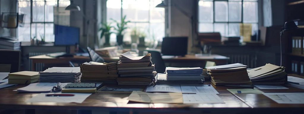 a bustling office scene filled with organized paperwork, a detailed injury log, and a calendar marked with important deadlines, illuminated by soft natural light streaming through large windows, conveying a sense of diligence and urgency in ensuring timely workers' compensation claims.