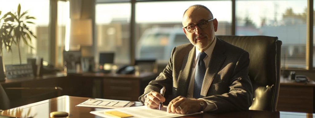 a clear and professional office environment featuring a confident attorney sitting at a polished desk, with a transparent document displaying fee structures and costs prominently in the foreground, illuminated by soft natural light streaming through large windows.