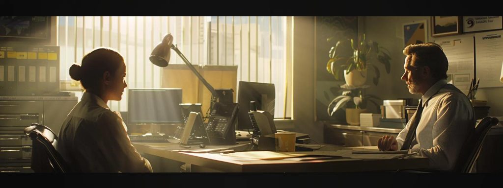 a clear, dynamic illustration of an office environment where an attentive employee discusses the workers' compensation claims process with a knowledgeable advisor, highlighting a sense of collaboration and clarity amidst paperwork and resources.