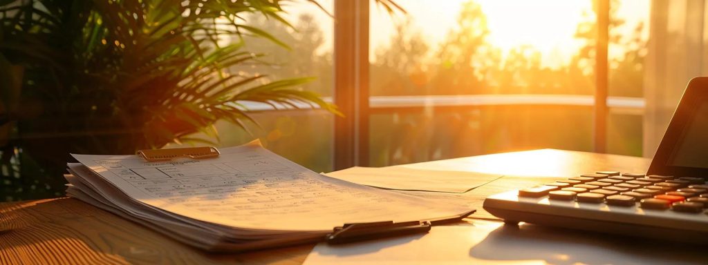 a close-up shot of a professional office desk, showcasing a neatly arranged stack of legal documents, a calculator, and a transparent pricing guide, illuminated by warm afternoon sunlight streaming through a window, symbolizing clarity and transparency in workers' compensation fees.