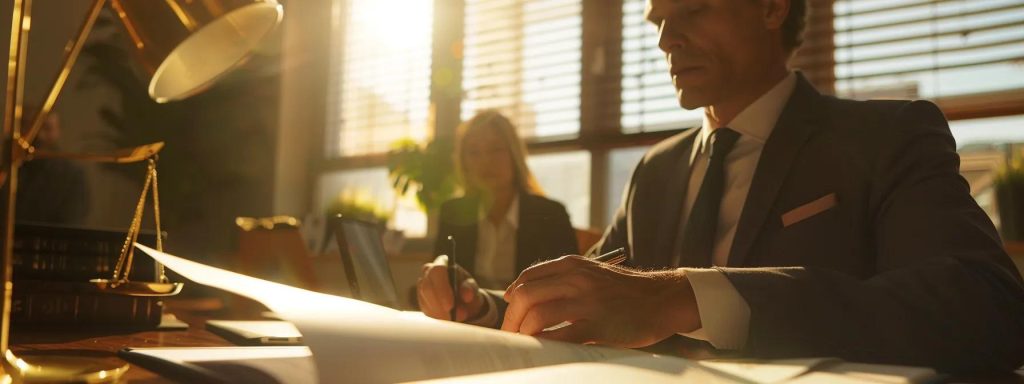 a close-up of an engaged attorney and client in a sunlit office, intensely discussing strategies over open documents, capturing the essence of effective communication during negotiations.