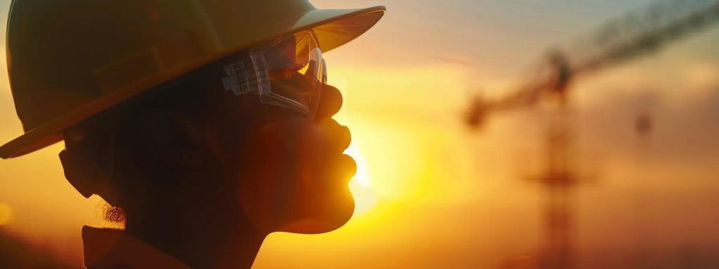 a close-up of a resilient worker in a safety helmet, gazing thoughtfully at construction plans under a vibrant sunset, symbolizing hope and determination in the face of workplace challenges.
