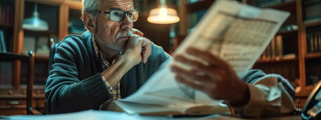 a close-up of a weary but determined injured worker contemplating the complex layers of a legal document, with soft, diffuse lighting highlighting the seriousness of their situation against a blurred background of a lawyer's office.