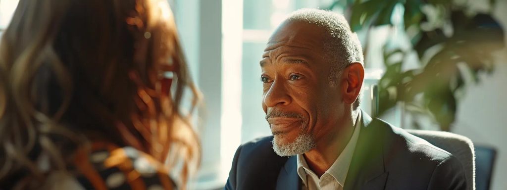a compassionate attorney engages deeply with a client, their expressions reflecting empathy and understanding amid the bright, reassuring atmosphere of a professional office.