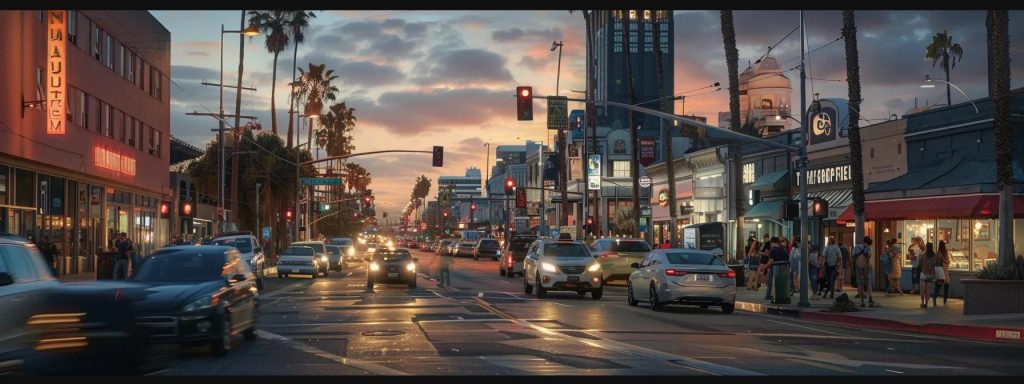 a compelling image of a bustling long beach street, featuring a law office with a focused attorney discussing workers' compensation claims over a backdrop of vibrant city life, capturing the essence of legal guidance amidst everyday challenges.